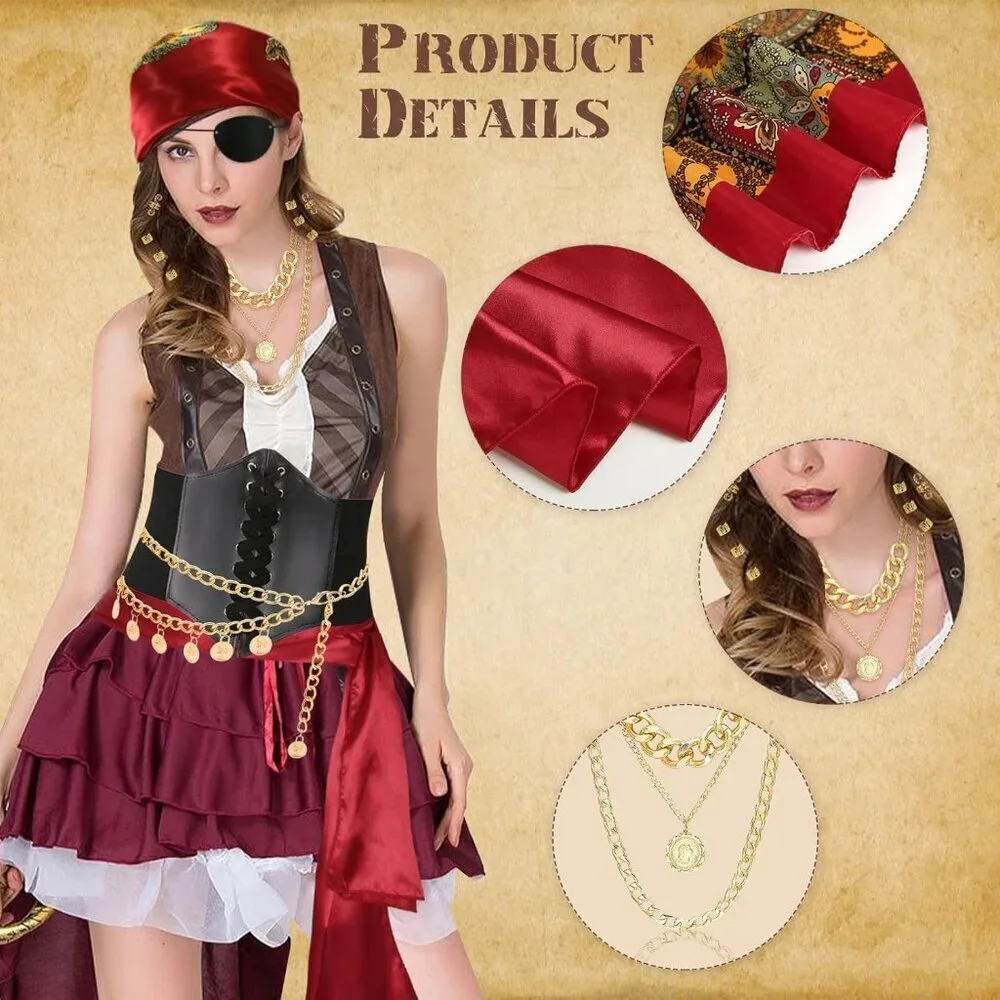 Pirate Costume Accessories Set Women 8 Pcs Headscarf Chain Sash Necklace Belt